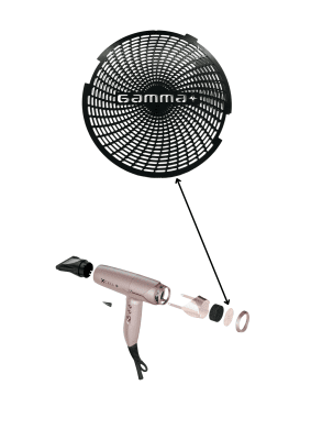 Zoom bild av YAFLRETXCEPO_NE Mikroperforerat aluminiumnät i svart för Gamma+ XCELL S hårfön med Gamma+ logotyp Salon Tools Scandinavia Servic